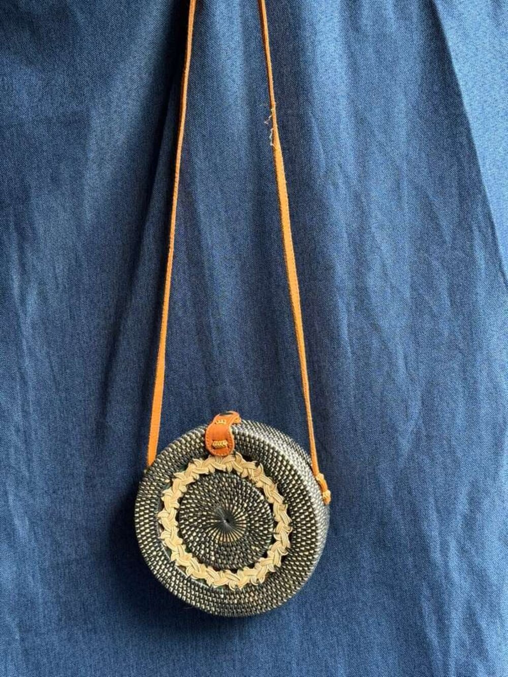 Handmade Balinese Round Rattan Crossbody Bag with Batik Lining Black